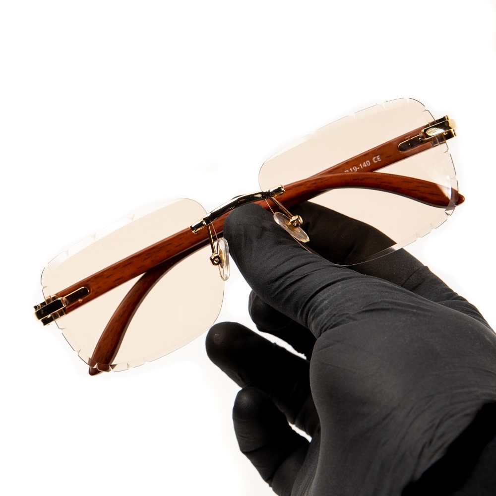 Tan Tint Rimless Mens Woodgrain Gold Frame Brown Gem Cut Hip Hop Sunglasses